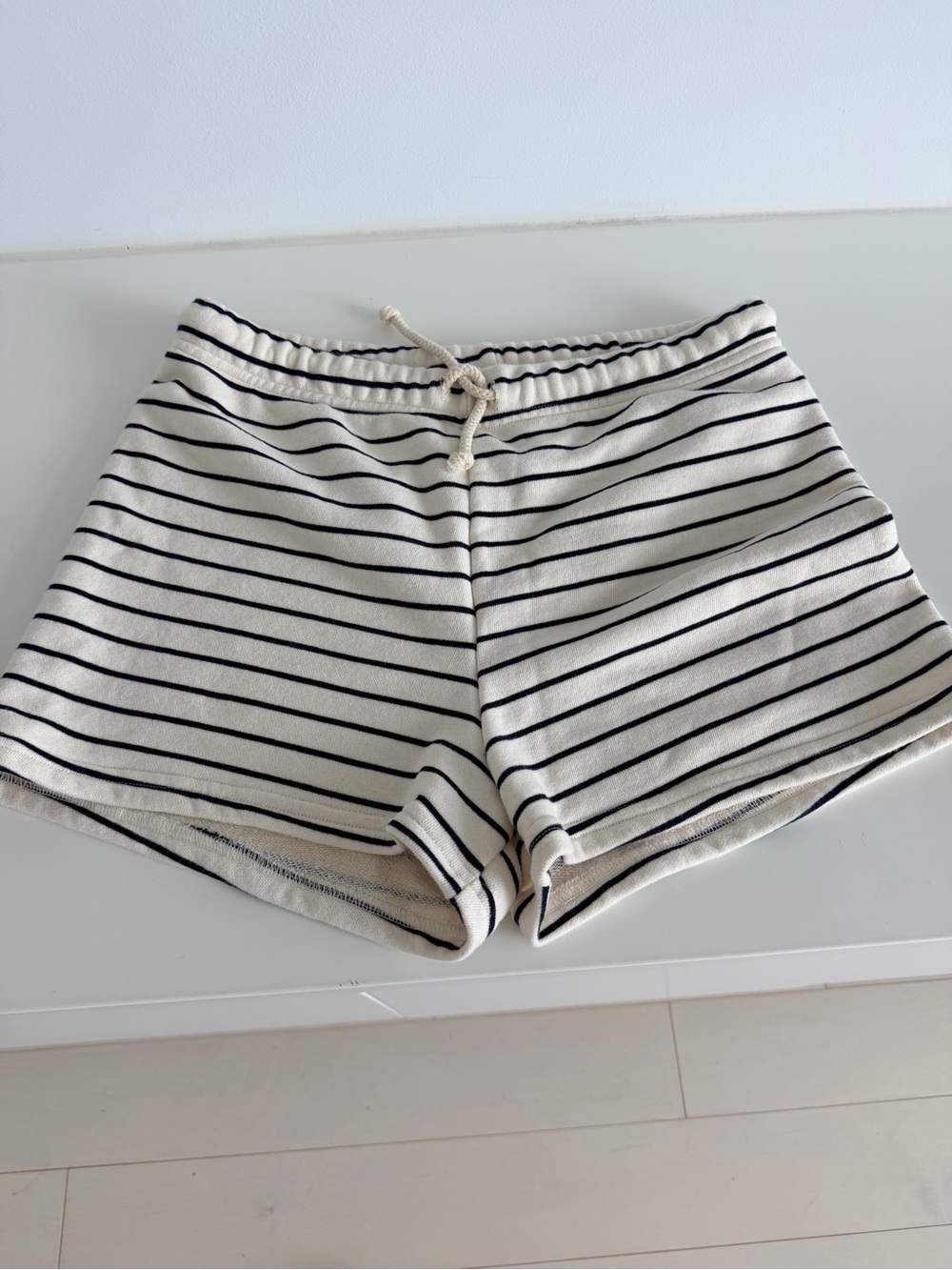 perfectwhitetee Cream & Black Striped Drawstring Athletic Shorts